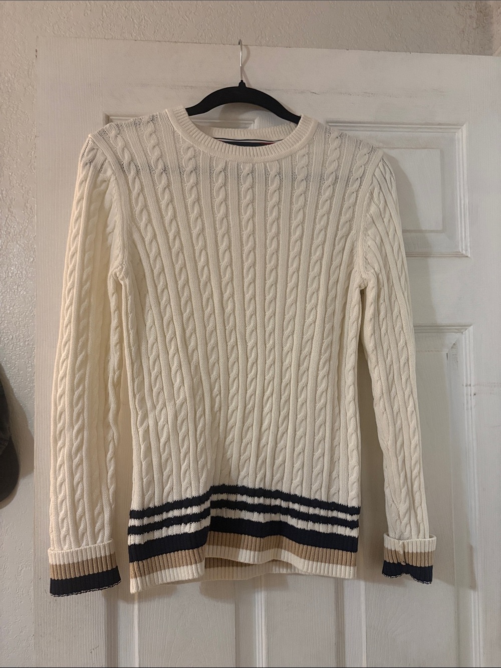 Tommy Hilfiger Cream Cable-Knit Crew Sweater with Navy & Tan Stripes